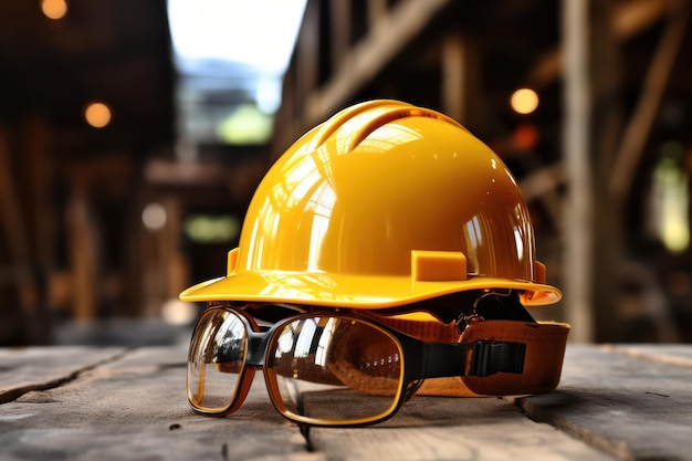 Work safety Protective hard hat closeup blur construction site background