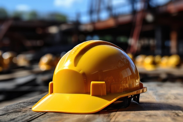 Work safety Protective hard hat closeup blur construction site background