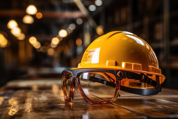 Work safety Protective hard hat closeup blur construction site background