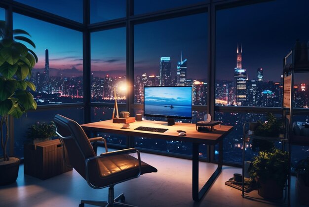 Photo work space with city views at night generative ai