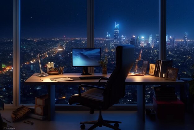 Photo work space with city views at night generative ai