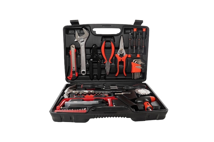 Photo work tools in black container against white background