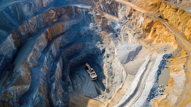 Work of trucks and the excavator in an open pit on gold mining