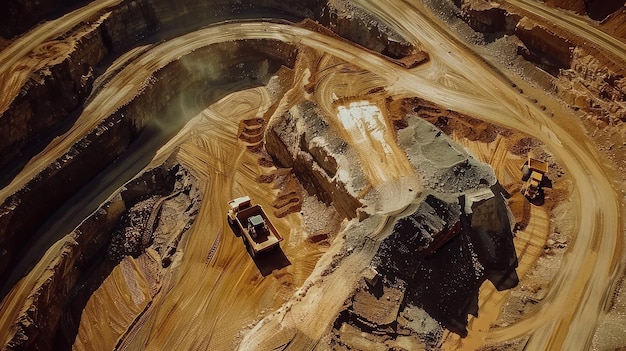 Foto lavoro dei camion e dell'escavatore in una fossa a cielo aperto per l'estrazione dell'oro