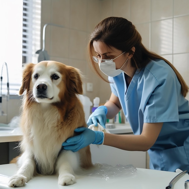 獣医の仕事 バスローブとマスクを着た若い女性がテーブルの上の犬を診察する