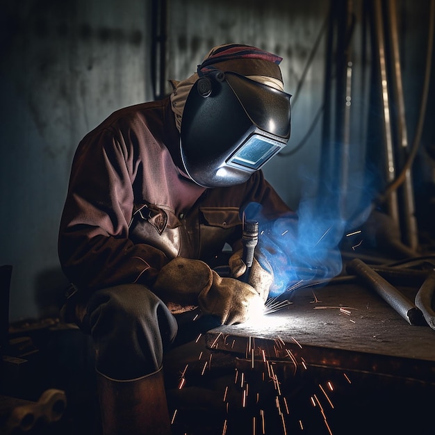 The work of the welder closeup the worker welds the metal a bright flash