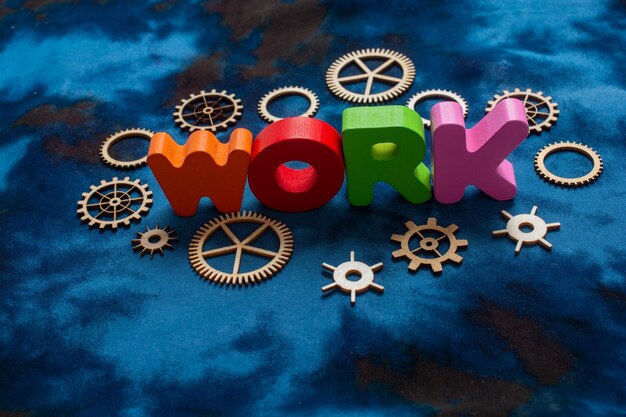 Work wording and wooden cogwheels as industry mechanism concept