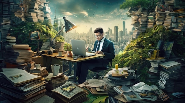 Работодатель, сидящий за столом и работающий на ноутбуке, окруженный тоннами бумаг и других документов.