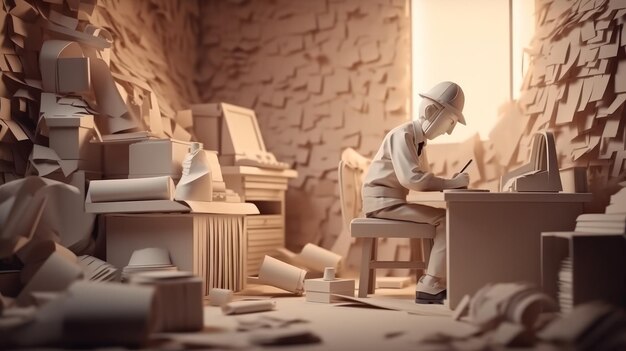 Workaholic Worker Working in Paper Art Style Design Generative ai