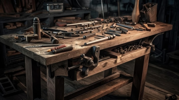 Workbench with tools screws and nails AI generated