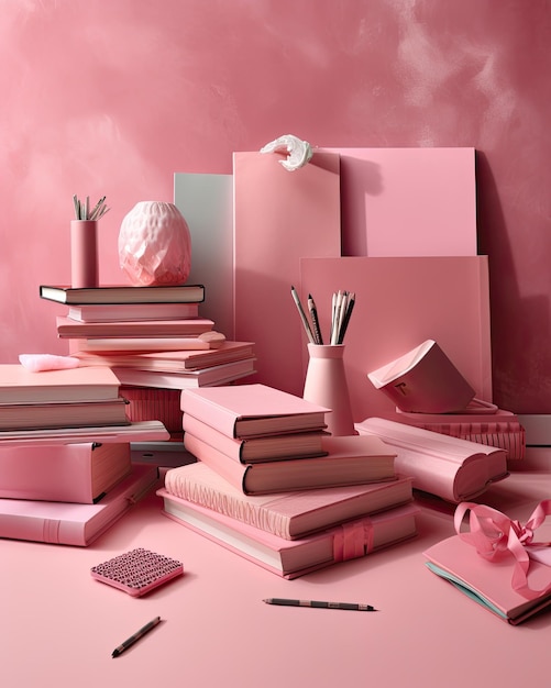 Workbooks books and notebooks with pink elevtyns created with Generative AI technology