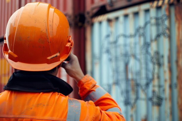 Foto lavoratore che regola i contenitori di un casco di sicurezza e lo sfondo della mappa debole