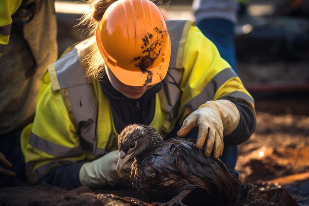 Worker aiding a bird affected by oil contamination