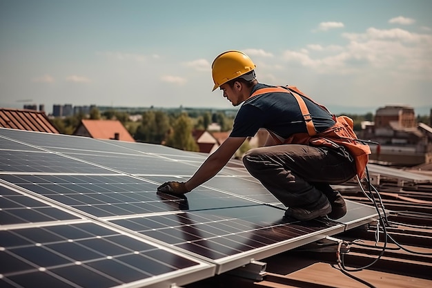 家の屋上にソーラー パネルを設置する労働者。太陽エネルギーと持続可能な慣行の増加傾向が強調されています。ジェネレーティブ AI
