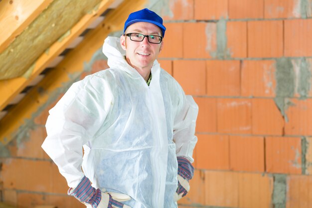 Worker attaching thermal insulation to roof