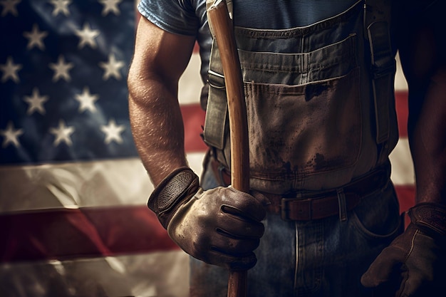 A worker on the background of the flag of America Labor Day 1