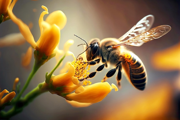 Worker bee flies from bee flower to flower in search of nectar created with generative ai