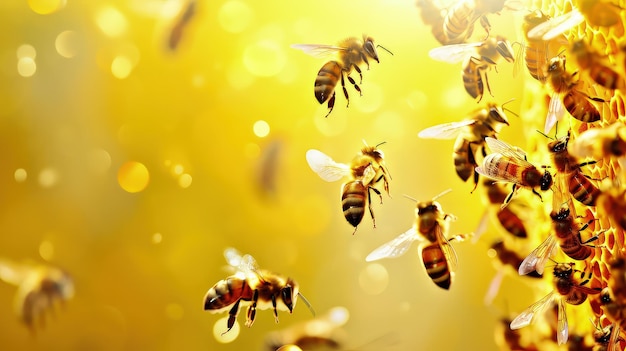 Worker bees tending to the honey cells ensuring a thriving hive