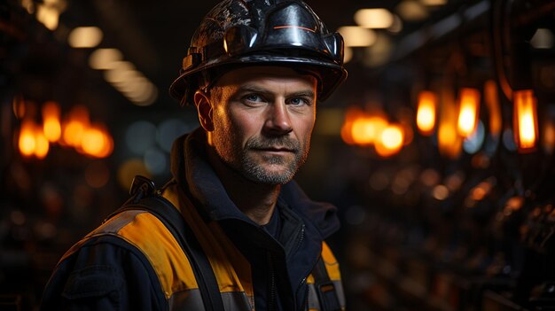 worker in a black uniform and helmet