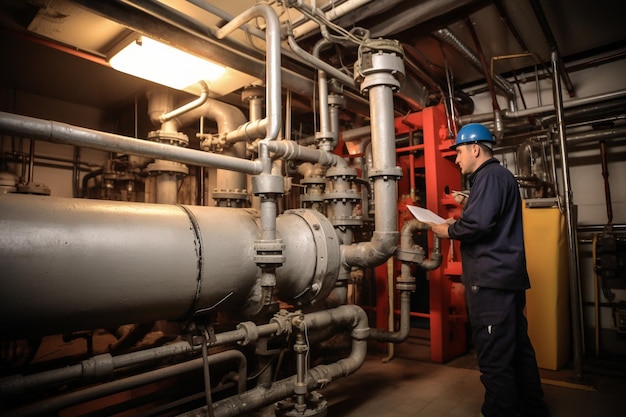 A worker in a blue hard hat is looking at a pipe that has the word " no. "