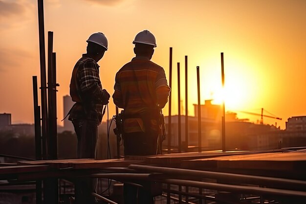 建設現場の作業員 シルエット 夕暮れの建設現場 ジェネレーティブAIイラスト