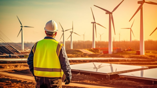 A worker at a building site with solar panels wind turbines and other renewable energy sources Generative AI