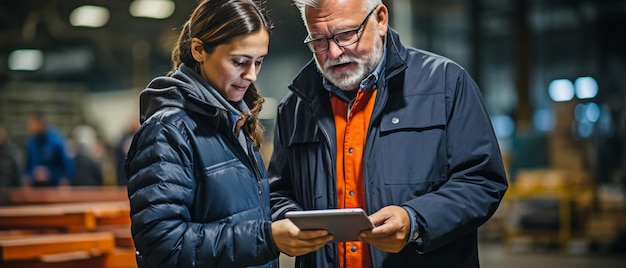 Foto un operaio e un uomo d'affari che usano un tablet in una fabbrica