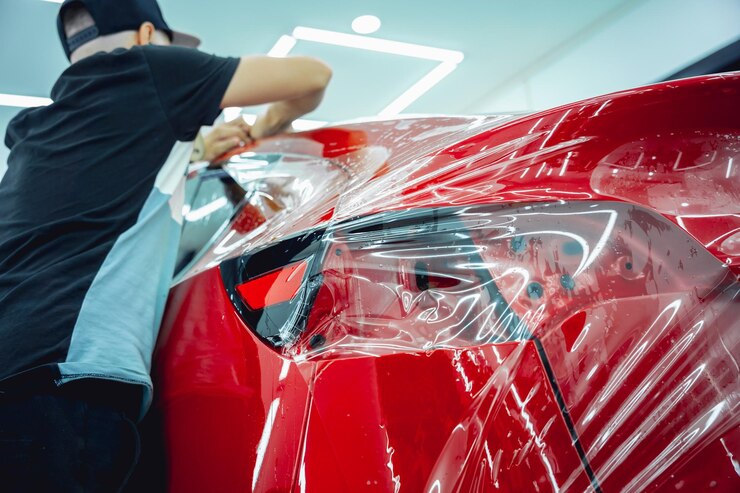 Photo worker in car service sprays water on the car before applying an protective film