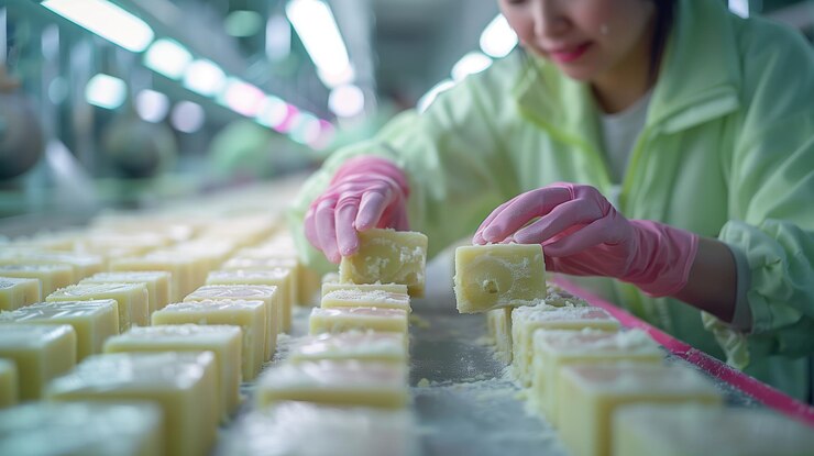 Photo worker carefully cuts freshly made soap in a manufacturing facility during daytime production hours