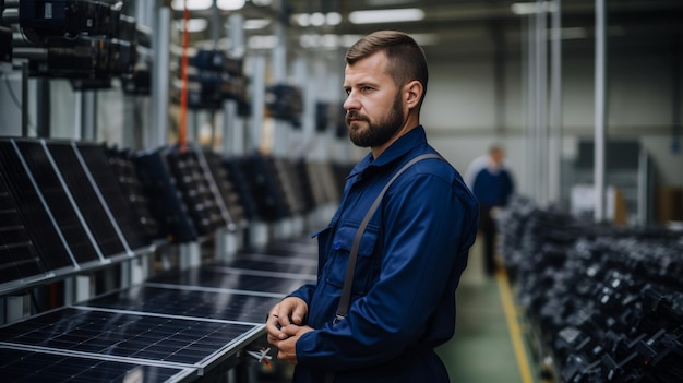 Worker carrying solar panel in warehouse of solar panel manufacturer industrial factory setting