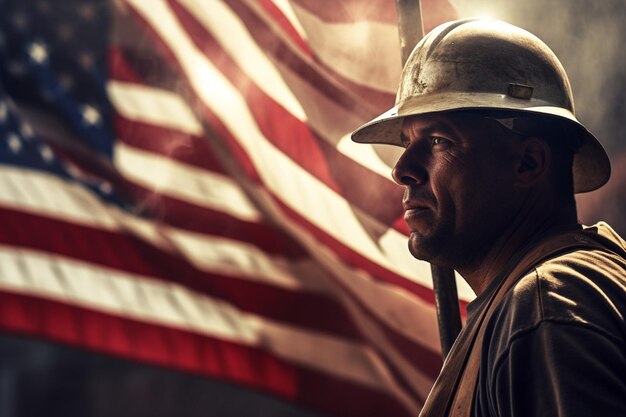 A worker celebrate the labor day with the united states flag background