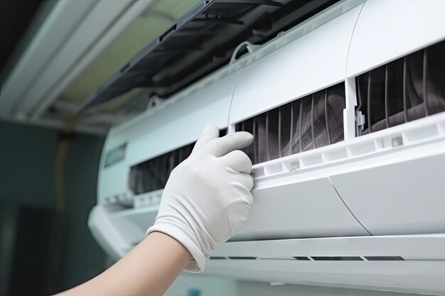 Worker checking air conditioner system service maintain