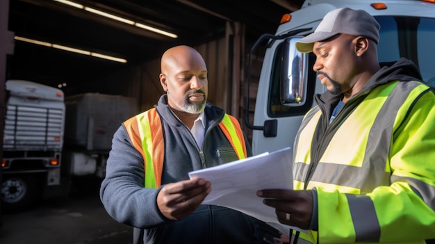 Worker checking document in front of the forklift at warehouse import export business