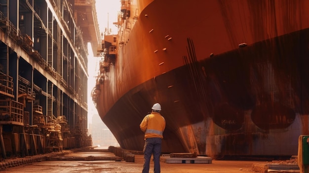 Photo a worker checking underside of ship in dry dock