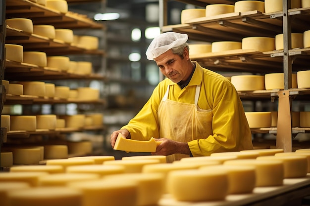 Worker at a cheese factory sorting fresh cheese