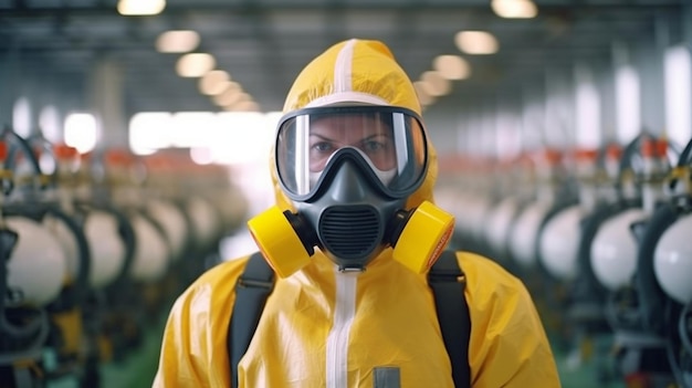 A worker at a chemical industry assessing the purity of chemicals is wearing a gas mask and a protective suit Generative AI is used in the backdrop of acid storage tanks and industrial interiors