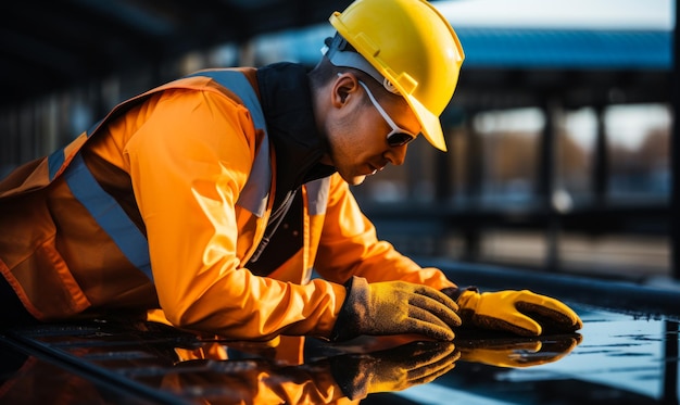 A worker cleaning the solar panels A man in a hard hat and safety gear working on a piece of metal