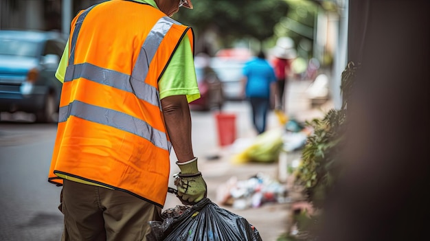 Рабочий, собирающий мусор городского муниципалитета, собирает мусор на вывоз