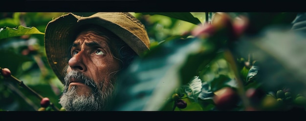 Foto un operaio raccoglie ciliegie di caffè mature in un verde lussureggiante che raffigura il processo agricolo del caffè