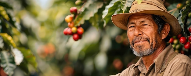 Foto un operaio raccoglie ciliegie di caffè mature in un verde lussureggiante che raffigura il processo agricolo del caffè