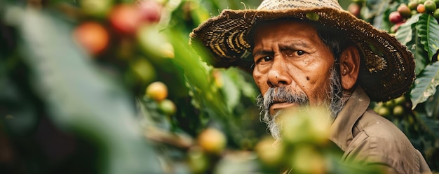 Photo a worker collects ripe coffee cherries in lush greenery depicting the agricultural process of coffee
