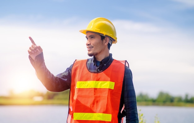 Worker construction concept Asian Worker construction smile happy standing outdoor on site construction