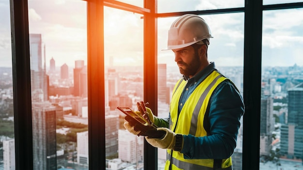 a worker in a construction site looking at a window