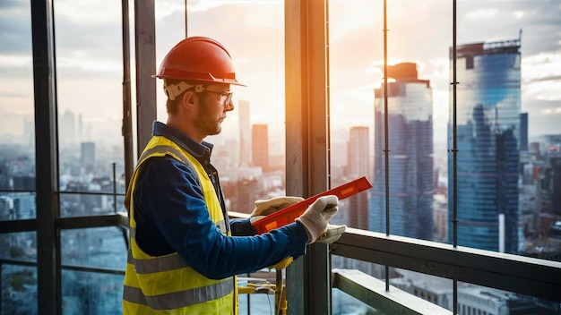 a worker in a construction vest reading a book