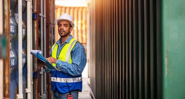 Worker container shipment worker working in container port\
terminal attractive male engineer people process orders and product\
at warehouse logistic in cargo freight ship for import export in\
harbor