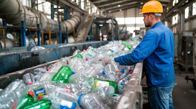 A worker controls the recycling of a recycling plant Plastic bottles and plastic waste