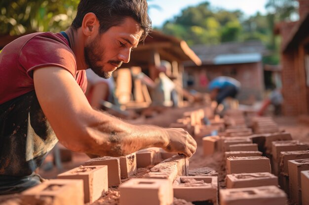 Photo a worker creating a brick pattern a focused construction worker laying bricks on a wall