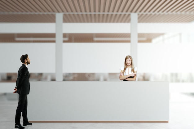 Worker and customer at reception