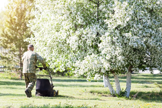 Un lavoratore taglia il prato in giardino.