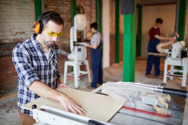 Worker Cutting Wood at Furniture Factory